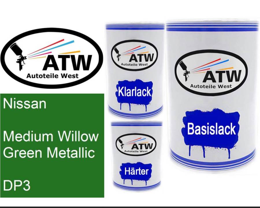 Nissan, Medium Willow Green Metallic, DP3: 500ml Lackdose + 500ml Klarlack + 250ml Härter - Set, von ATW Autoteile West.